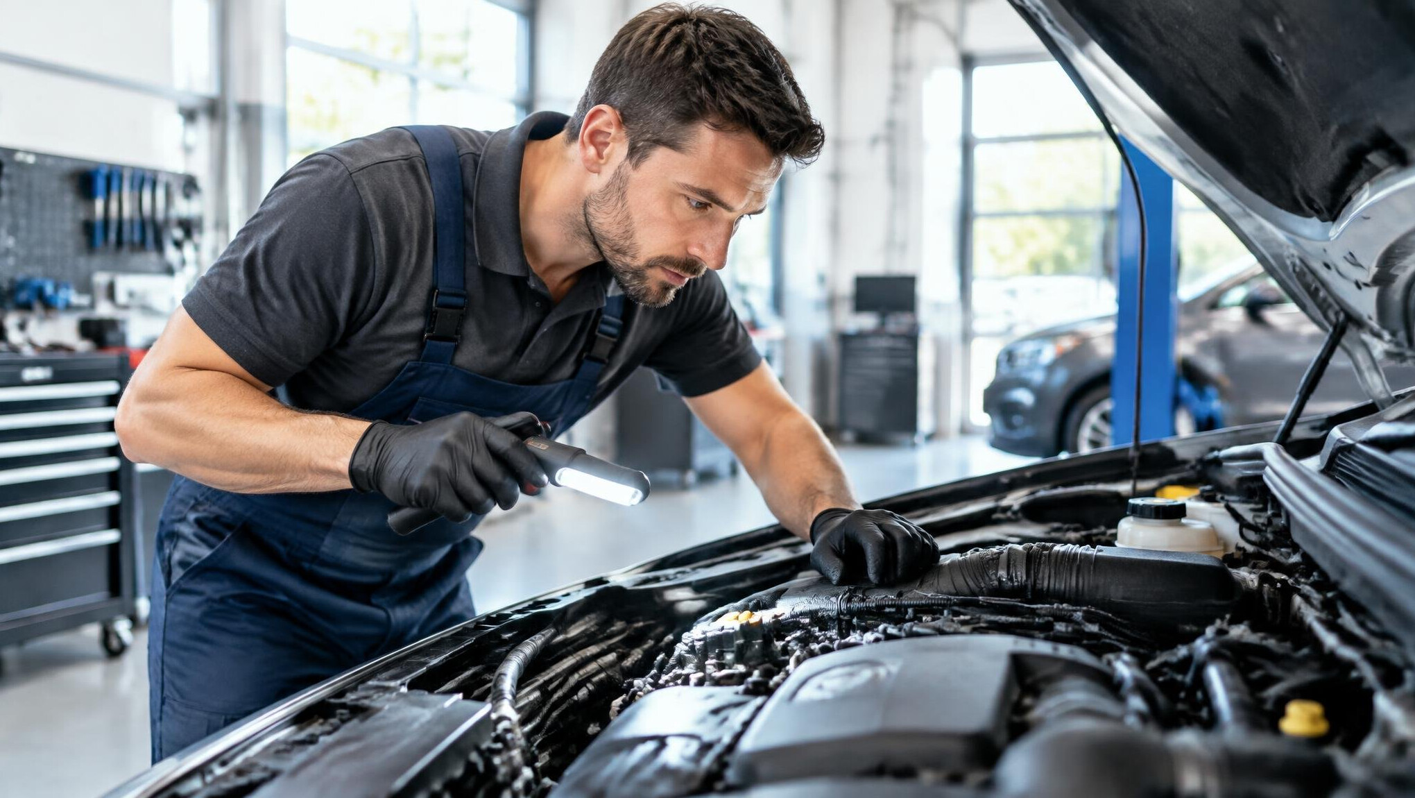 Mechanic inspecting a car engine in a workshop