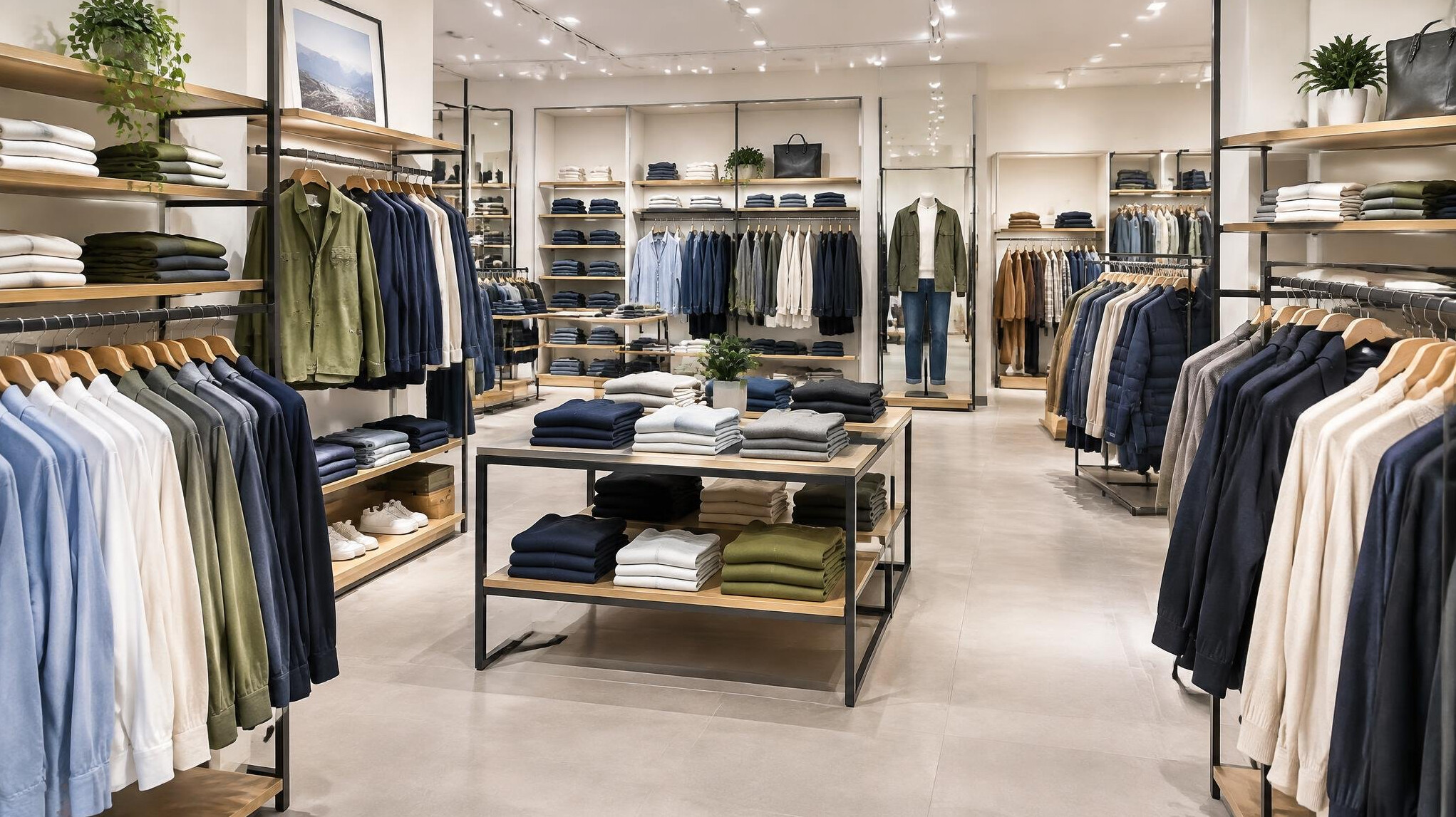 Inside a clothing store with neatly arranged racks