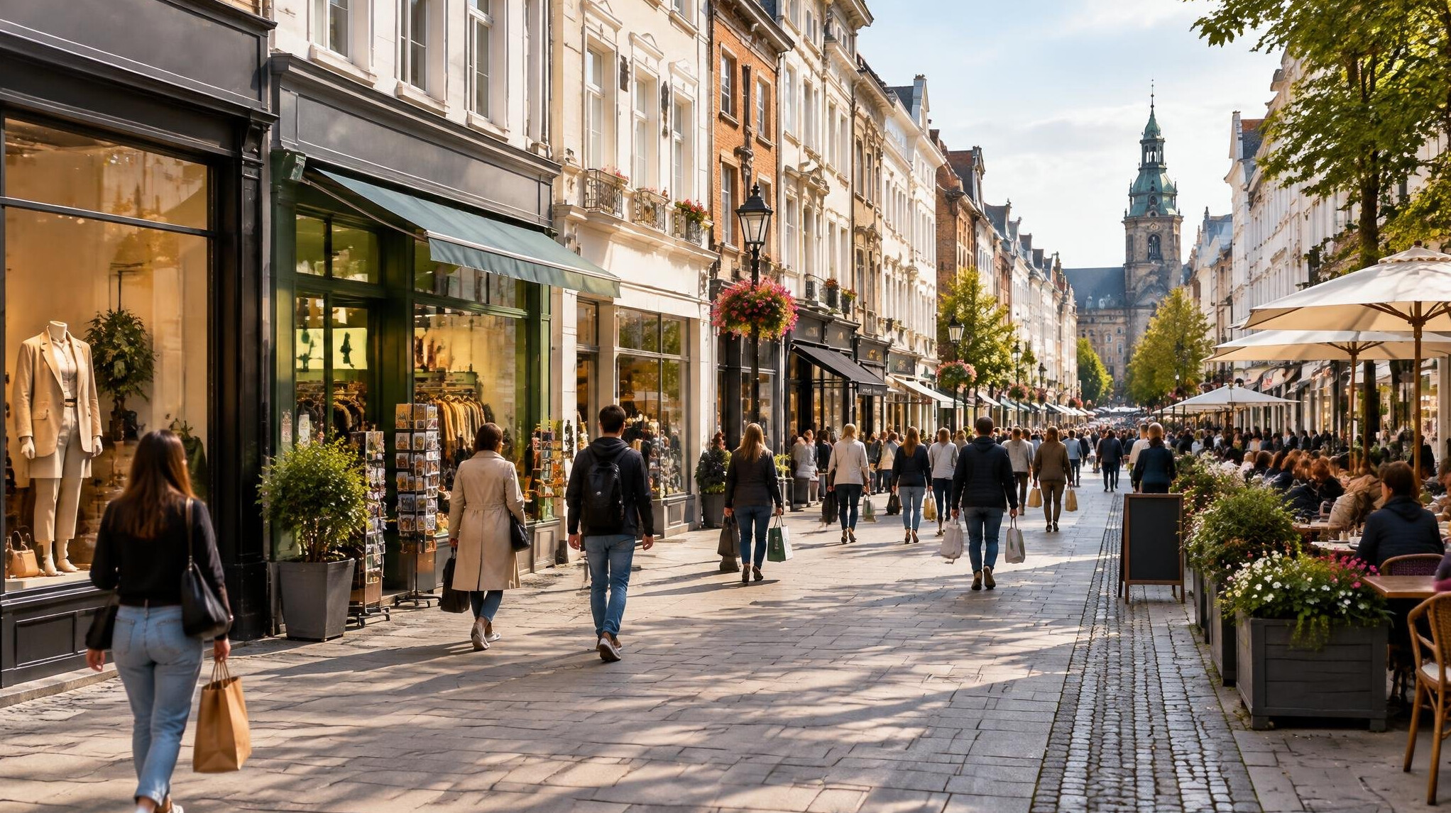 Shopping street lined with stores in a European city