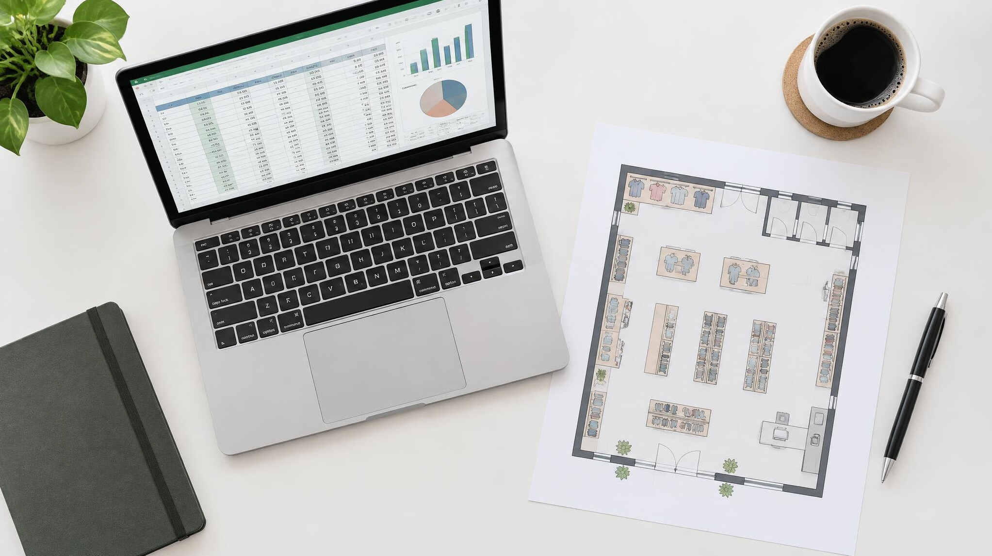 Laptop and documents on a desk during a planning session