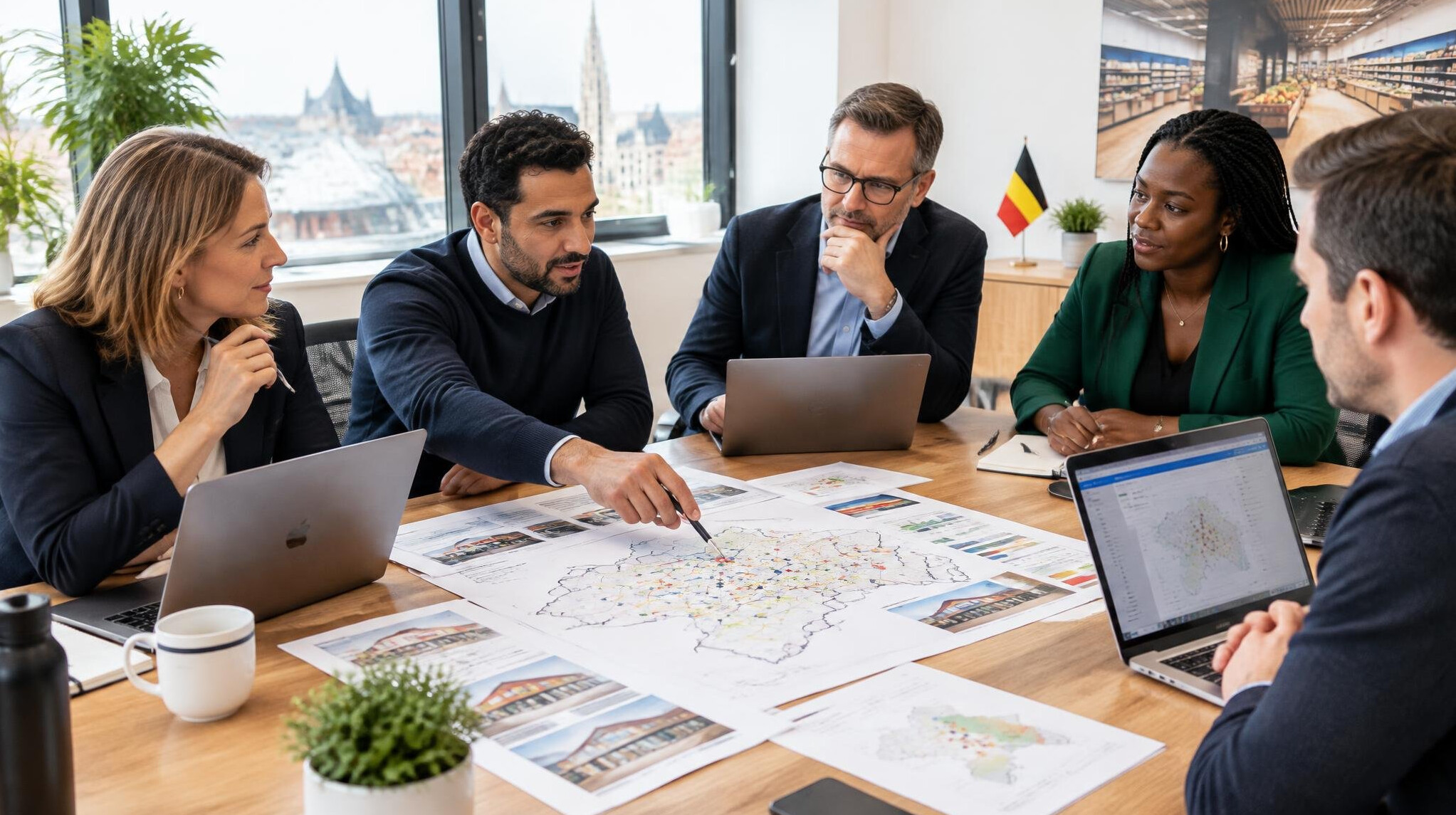 Retail managers meeting around a table reviewing store network plans